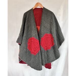 100% Pashmina Cashmere Wrap Grey Red Rose Floral Luxury EUC